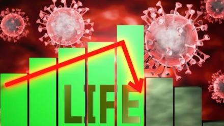 Image of Life, Covid-19 virus and economic crisis, symbolised by graph with word Life going down to picture that coronavirus affects Life and leads to downturn and recession, 3d illustration