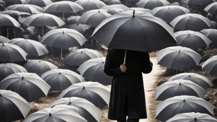 AI generated image of a man holding a black umbrella surrounded by black umbrellas.