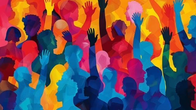 Hands up silhouettes, horizontal border. Decoration element from rainbow raised hands.