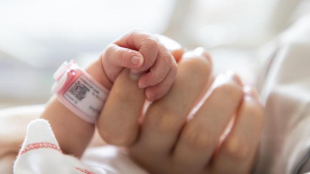 New born baby hand hold mum index finger