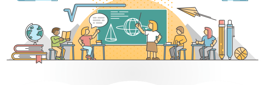 School class lesson with pupil, kids and teacher learning outline concept, transparent background. Education and knowledge symbolic scene with math.